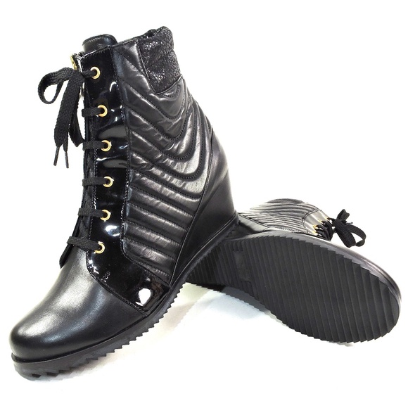 DAVIS CESARETTI 🇮🇹 WOMEN'S BLACK SOFT LEATHER COMFORT WINTER WEDGE BOOTIE - Picture 8 of 8